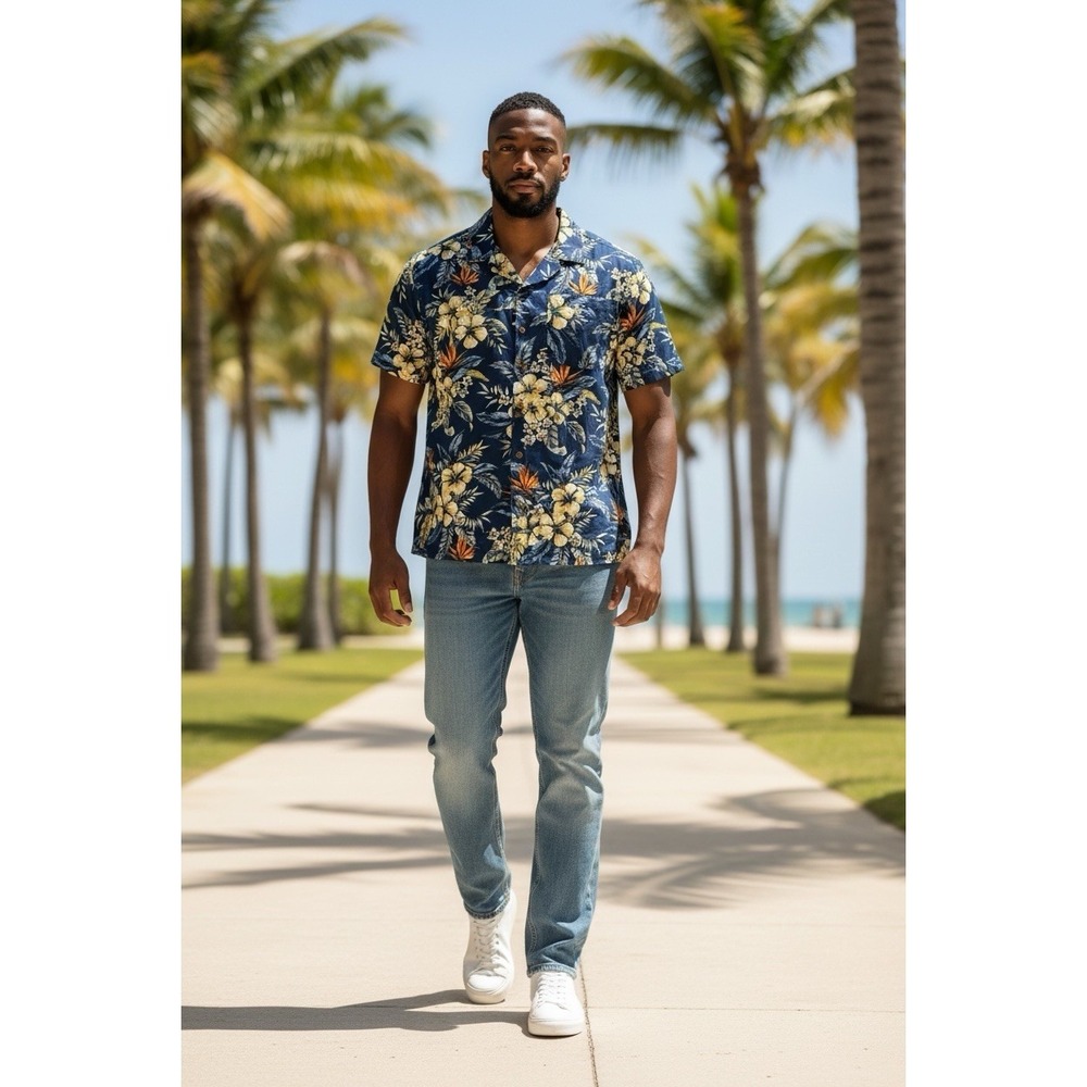 George Men's Hawaiian Floral Camp Shirt Blue Tropical‎ Button Up 2XL NWT